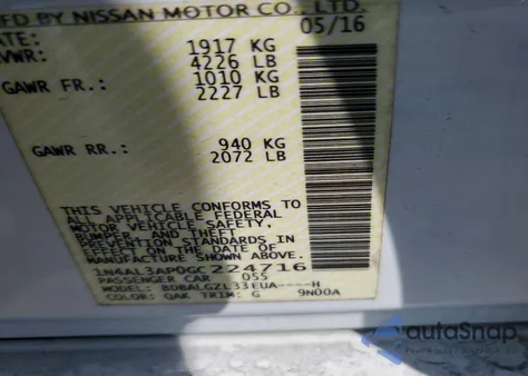 2016 Nissan Altima 2.5 S z USA, uszkodzony, nr VIN 1N4AL3AP0GC224716